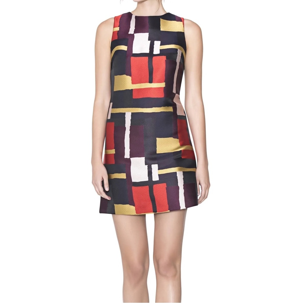NWT Alice + Olivia Clyde Mini Dress in Painted Grid Geometric Sateen Twill 8